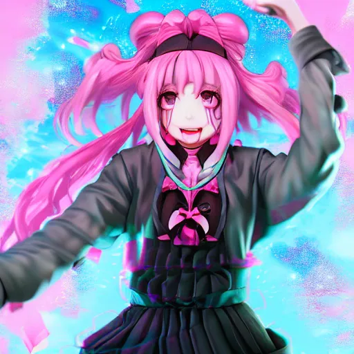 Prompt: engulfed and overpowered by stunningly absurdly beautiful megalomaniacal omnipotent asi goddess junko enoshima with symmetrical perfect face, porcelain skin, pink twintail hair and cyan eyes, trapped inside her inescapable prison, ultra detailed, digital art, unreal engine 5, octane render, 2 d anime, 8 k