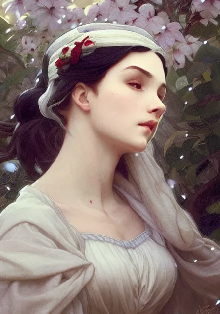 Prompt: little snow white, intricate, elegant, highly detailed, digital painting, artstation, concept art, smooth, sharp focus, illustration, art by artgerm and greg rutkowski and alphonse mucha and william - adolphe bouguereau