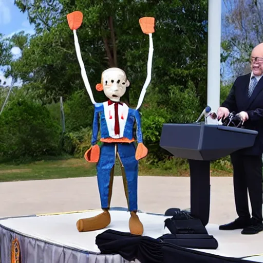 Image similar to president marionette with puppeteer in a podium giving a press conference