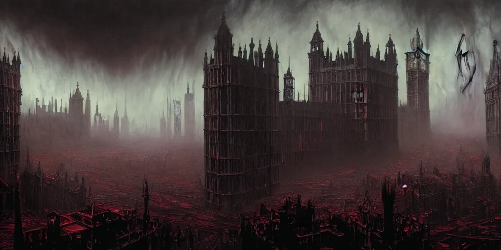 Prompt: stunning landscape of grotesque and horrifying london, victorian era!! lovecraftian horror, cosmic horror!! cinematic lighting, bloodborne, horror fiction, digital art, winning award masterpiece, fantastically beautiful, aesthetically inspired by wayne barlowe and gerald brom, trending on artstation, art by greg rutkowski and h r giger, octane render, 8 k