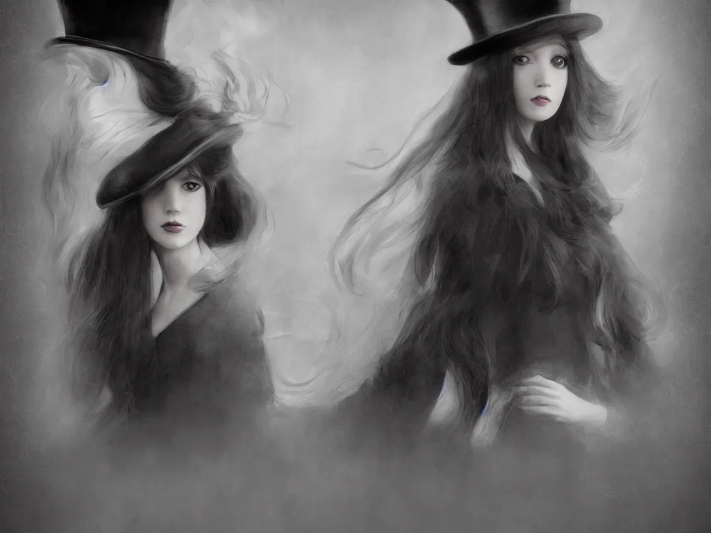 Image similar to Portrait of an elegant long haired lady wearing a gentleman suit and tophat in anime style，highly detailed, matte painting, noir, 70s, americana, photorealistic, ethereal ghostly atmosphere