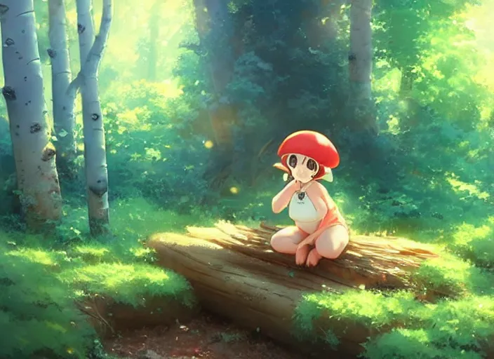 Image similar to a small, cute and chubby mushroom creature, she's sitting on a log in an aspen forest, atmospheric lighting, sun rays through the trees, by makoto shinkai and krenz cushart