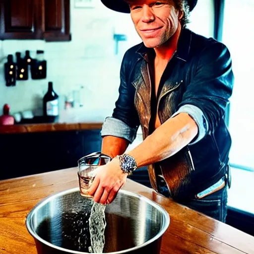 Image similar to photograph of Jon Bon Jovi with cowboy hat pouring beer from a tap into a dirty bowl in the kitchen sink