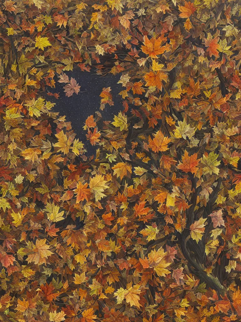 Prompt: a chaotic windy tornado of autumn leaves and'no people'or faces, intricate details, aesthetically pleasing and harmonious natural colors, art by tiffany bozic, impressionism, detailed, dark