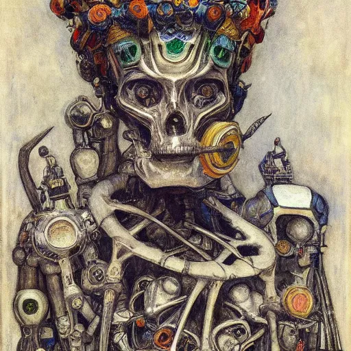 Image similar to the robot wearing the bone crown, by Annie Swynnerton and Diego Rivera , symbolist, dramatic lighting, elaborate geometric ornament, Art Brut, soft cool colors,smooth, sharp focus, extremely detailed, Adolf Wölfli and (Donato Giancola)