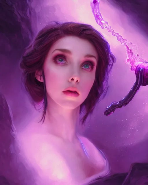 Prompt: Amouranth writing on herself, accurate details, detailed face, purple liquid in cup glowing, fantasy, dramatic, intricate, elegant, highly detailed, digital painting, artstation, concept art, smooth, sharp focus, illustration, art by Gustave Dore, octane render