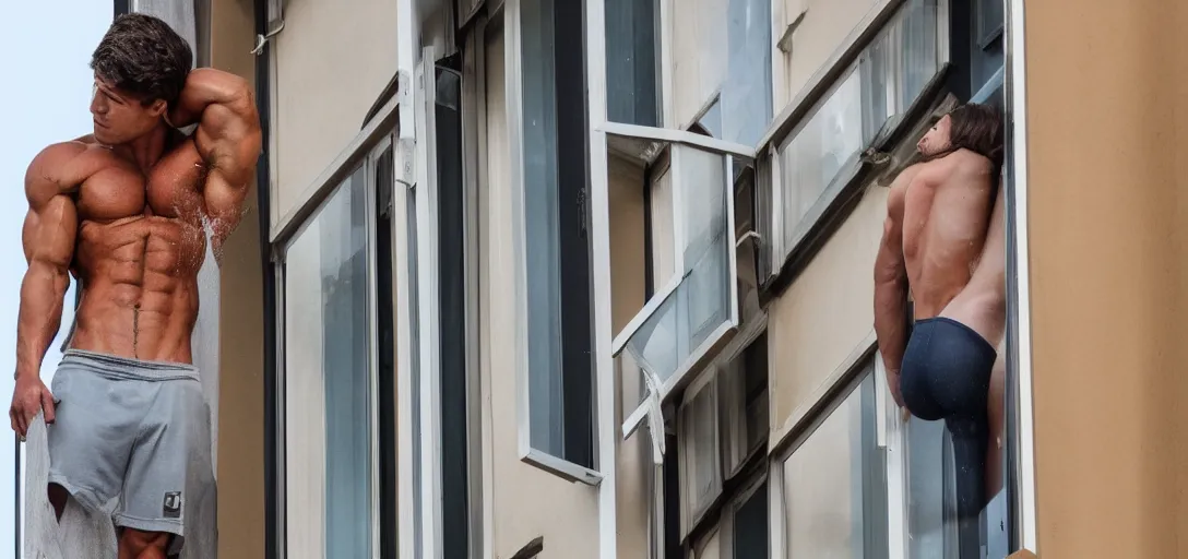 Image similar to young bodybuilder man with brown hair and blue eyes is on a 3rd floor apartment's balcony, looking into another building's window where he can see a gorgeous blonde woman showering