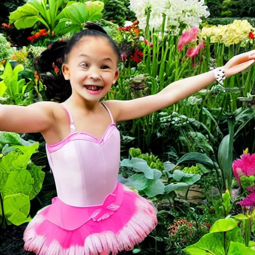 Image similar to a mixed race hapa five - year - old girl, dressed as a ballerina, performing at the washington dc botanical gardens, smiling into the camera, portrait, wide shot, midday light, bright colors, illustration, pop art, splash painting, art by geof darrow, ashley wood, alphonse mucha