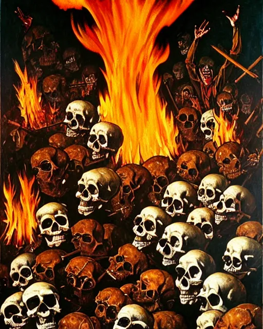 Image similar to oil geometric painting of skull skeletons burning in hell reaching for help by norman rockwell