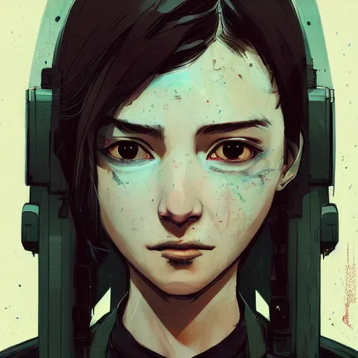 Prompt: Highly detailed portrait of a Zombie cyberpunk young lady with, freckles and wavy hair by Atey Ghailan, by Loish, by Bryan Lee O'Malley, by Cliff Chiang, by Greg Rutkowski, inspired by image comics, inspired by graphic novel cover art, inspired by nier!! Gradient color scheme ((grafitti tag brick wall background)), trending on artstation