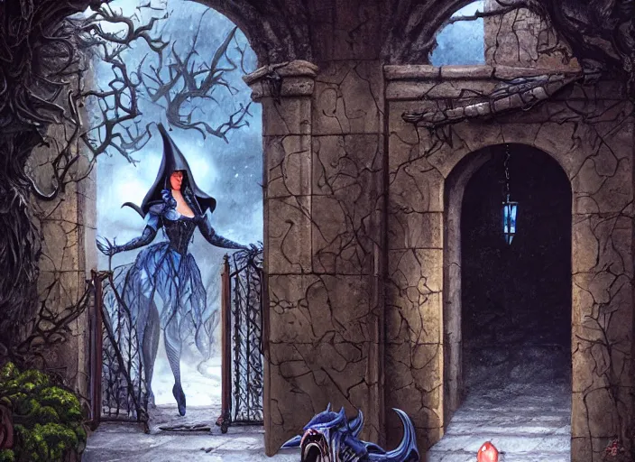 Prompt: a grotesque courtyard with gates and a beautiful witch queen poses with her evil mechanical beast, detailed 4 k painting, dramatic cold light, style of gerald brom