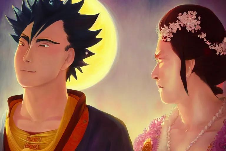 Image similar to a cinematic portrait of wedding photograph jpeg close up moment of a divine a japan sun god and moon goddess lovers magician at a wedding banquet. portraiture. digital painting. artstation. concept art. wedding photo. digital painting. naruto the movie art masterpiece by art by krenz cushart