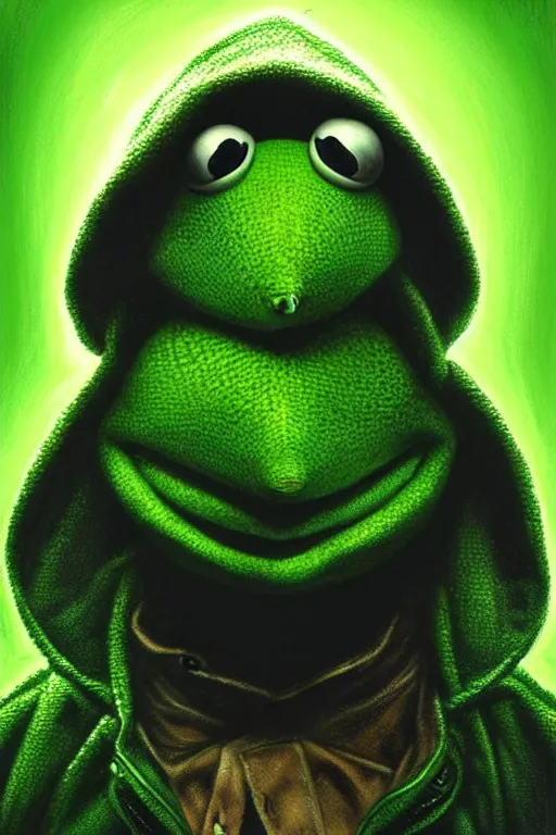 Image similar to kermit the frog as neo from the matrix, realistic portrait, symmetrical, highly detailed, digital painting, artstation, concept art, smooth, sharp focus, illustration, cinematic lighting, art by artgerm and greg rutkowski and alphonse mucha