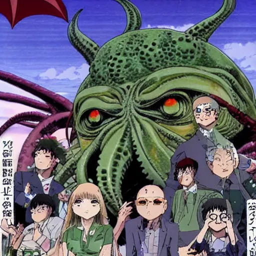 Prompt: Cthulhu destroyer of worlds goes on vacation, anime by Katsuhiro Otomo