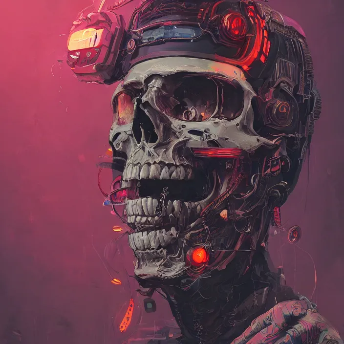 Prompt: a beautiful painting of a cyberpunk skull by pascal blanche and sachin teng and nekro. in style of colorful comic noir illustration, symmetry, sci fi, hyper detailed. octane render. trending on artstation