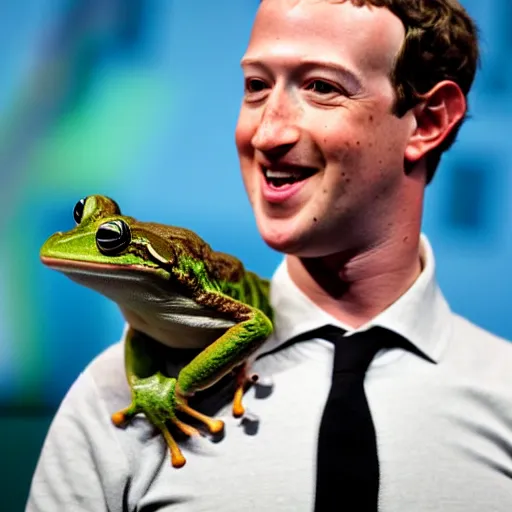 Prompt: mark zuckerberg with a frog on his shoulder