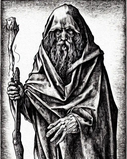 Prompt: old mage, full body shot, hyper realism, fine details, deviantart artstation, extremely detailed, black and white, very sharp, in the style of albrecht durer, etching,