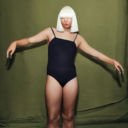 Image similar to sia furler wearing a skin colored leotard full body artistic photoshoot