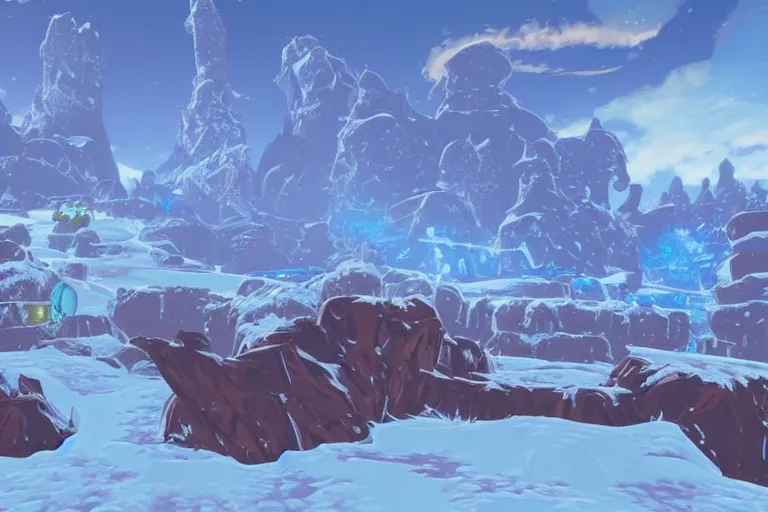 Image similar to an in game frozen landscape from the legend of zelda breath of the wild, breath of the wild art style.