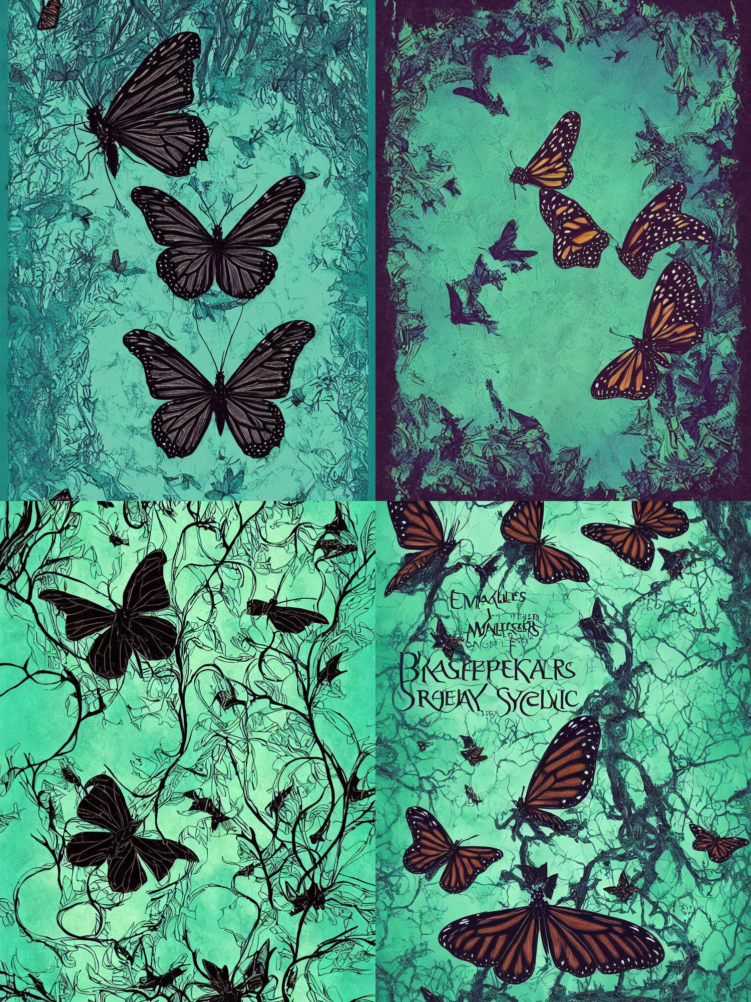 Prompt: a cover design for a book titled the fragile keepers a black symmetrical monarch butterfly symbol overlay on a turquoise green and blue swamp forest backdrop of a dark crystal spring in florida, a dark symbol of a bat is subtle overlay