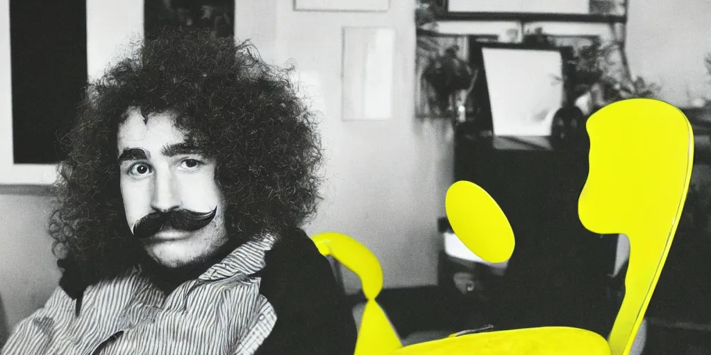 Image similar to french white man with puffy hair, mustache and a green sitting on a black chair in his room looking at the camera, photorealistic, webcam, yellow lightning