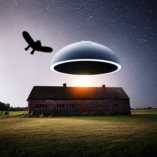 Prompt: a giant ufo flying towards a farmhouse, photography, 8 k, studio lighting,