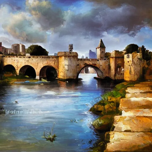 Image similar to modern stylized oil painting of medieval stone bridge, very very very beautiful, funny structure, romanticism by goya, bright art, cinematic dramatic lighting, plants and water