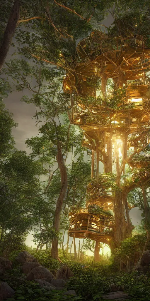 Image similar to ultra realistic and intricate detailed photograph of giant holy tech treehouse, innovation, bright modern style, artstation, unreal render, depth of field, ambient lighting, award winning, stunning