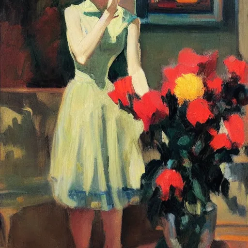 Prompt: flowers and lady, hopper, ben aronson 1950