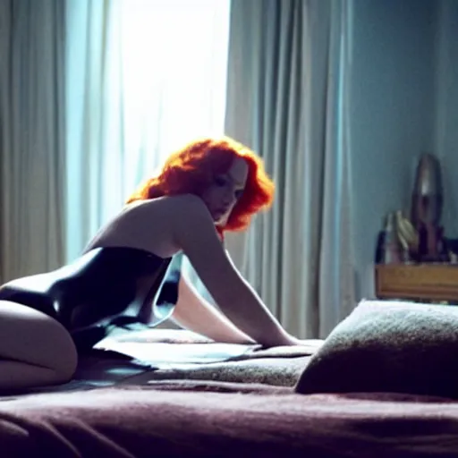 Image similar to amazing beautiful christina hendricks in leather body suit in bedroom, film still from the movie directed by denis villeneuve, wide lens