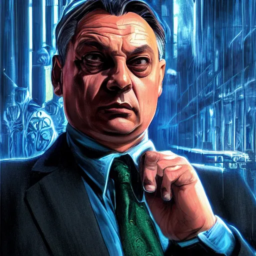 Image similar to [Viktor Orban in the movie Matrix as GTA character, closeup, D&D, intricate, elegant, highly detailed, digital painting, artstation, concept art, matte, sharp focus, illustration, art by Artgerm and Greg Rutkowski and Alphonse Mucha and Enki Bilal]