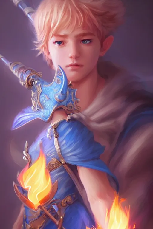 Image similar to legendary fairy prince hold flame staff, blue energy, highly detailed, d & d, fantasy, highly detailed, digital painting, trending on artstation, concept art, sharp focus, illustration, global illumination, ray tracing, realistic shaded, art by artgerm and greg rutkowski and fuji choko and viktoria gavrilenko and hoang lap