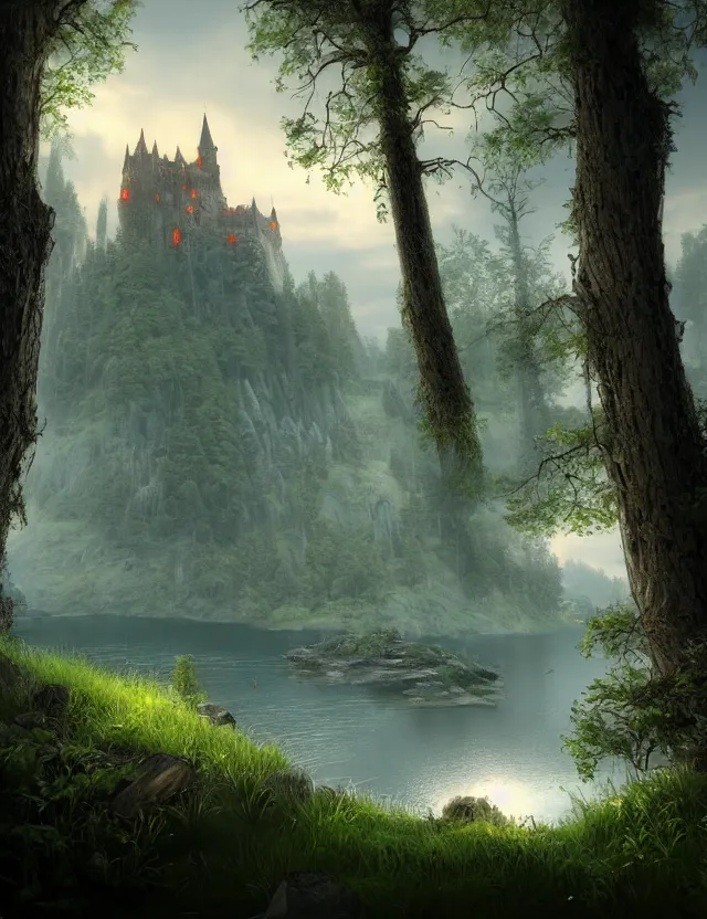 Image similar to unreal engine, tony s art, castle, forest, lake, energy