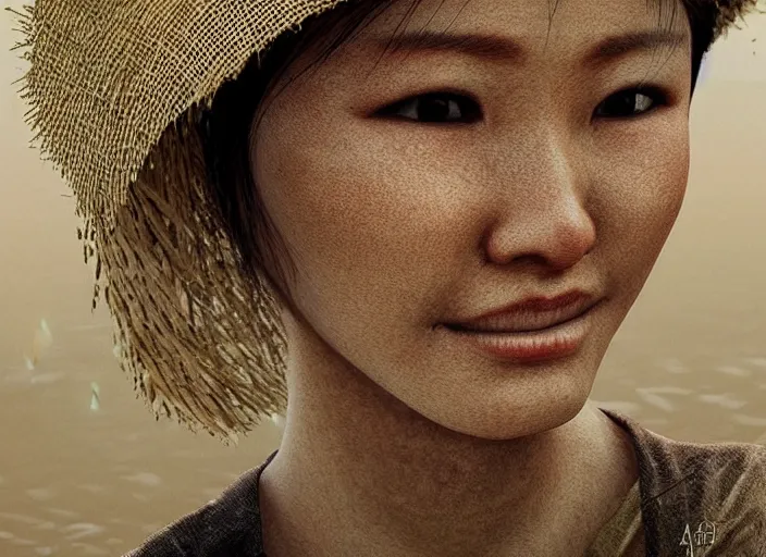 Image similar to realistic portrait photorealistic, background in the rice fields. woman in clothes made of rice straw. fine art, trending on artstation, smooth draw, sharp focus, good lighting, no anomalies.