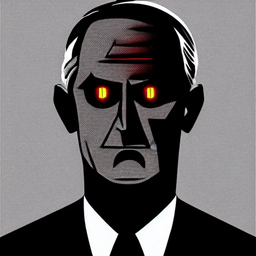 Image similar to solid glowing eyes, digital portrait of secretary of denis mcdonough face with solid glowing eyes, cover art of graphic novel, evil laugh, menacing, Machiavellian puppetmaster, villain, simple style, solid colors, clean lines, clean ink, trending on artstation