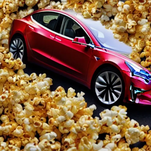 Prompt: a tesla model 3 made out of popcorn, high res photograph, 5 0 mm