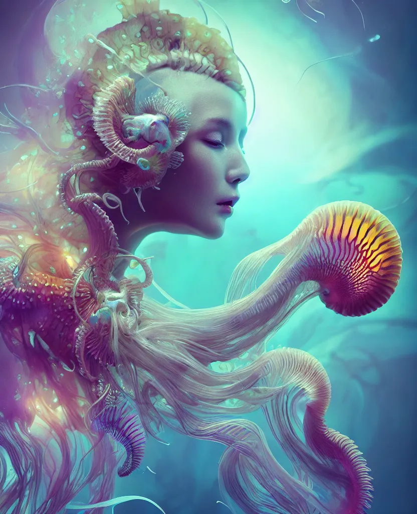 Image similar to goddess close-up portrait. chimera orchid jellyfish phoenix head, nautilus, skull, betta fish, bioluminiscent creatures, intricate artwork by Tooth Wu and wlop and beeple. octane render, trending on artstation, greg rutkowski very coherent symmetrical artwork. cinematic, hyper realism, high detail, octane render, 8k