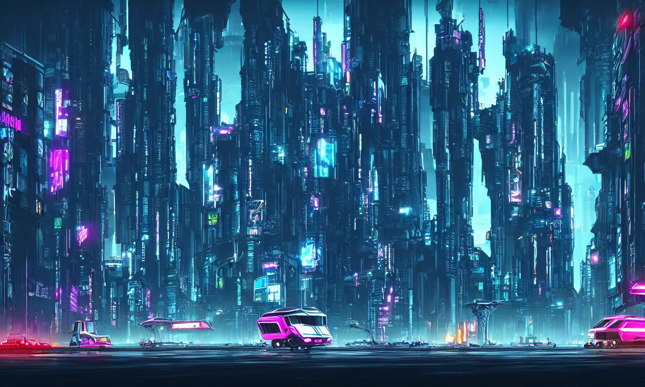 Image similar to cyberpunk night city with flying robot and cybertruck with mutant, digital art, reflections, heavy rain, beautiful concept art, high detail