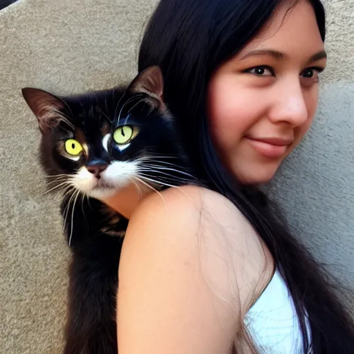 Prompt: a girl with long dark hair, big and shiny black eyes and her tabby cat, a stock photo by juan villafuerte and minerva j. chapman, pexels contest winner, high quality photo, rtx, hd, tumblr contest winner, anime, pretty, sensual