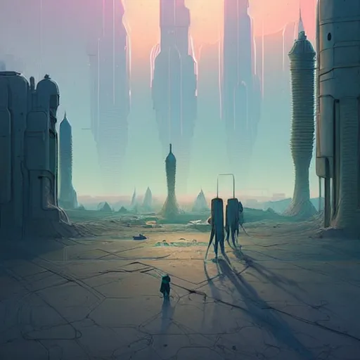 Image similar to professional concept art of an desert city in a cool color palette by artgerm and greg rutkowski. an intricate, elegant, highly detailed digital painting, concept art, smooth, sharp focus, illustration, in the style of simon stalenhag, wayne barlowe, and igor kieryluk.