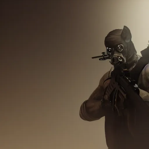 Image similar to butler with wolf face, dystopian, cinematic lighting, horror scene, big gun, black mask, octane render