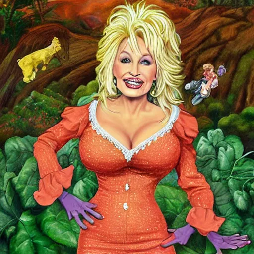 Prompt: Dolly Parton starjumping in the garden of eden , with god blushing, hyper realism