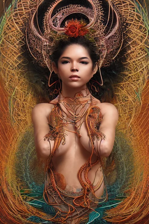 Prompt: an immaculate render of a dancing tribal goddess adorned with leaves and cables and bird wings parts in a temple surrounded by wild tentacles made from mandalas and incense smoke, full body, perfect face, powerful, cinematic, beautifully lit, by artgerm, by karol bak, 3 d, trending on artstation, octane render, 8 k