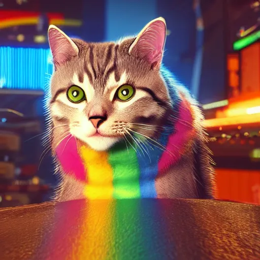 Prompt: a cat with rainbow fur in the style of cyberpunk 2077, 8k, hd