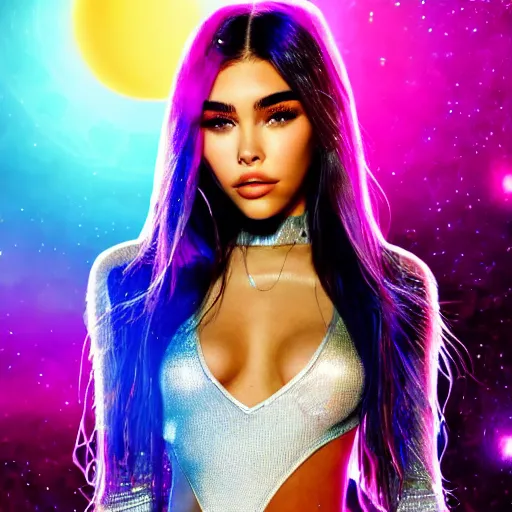 Image similar to madison beer a an intergalactic popstar dancing on a planet, render, blender render, unity render, 4 k wallpaper, art station trending, artstation 4 k coherent, coherent, 4 k, detailed, hyperdetailed, artifact - free, completely coherent, sharp, madison beer