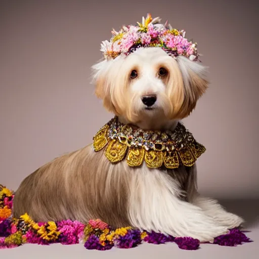 Image similar to cream - colored havanese dog wearing an ornate african necklace, a headpiece made from flowers, soft light colored background, intriguing pose, photo by tyler mitchell