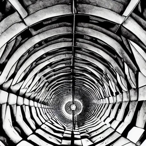 Image similar to collapsing tunnels cascading into echoes of octagon patterns, stuttering squares, staircases that go to infinity, reflection pool, dreamscape, lost, x - files, giger, escher, loish, twilight zone, chaos, mtg, labyrinthine, maze