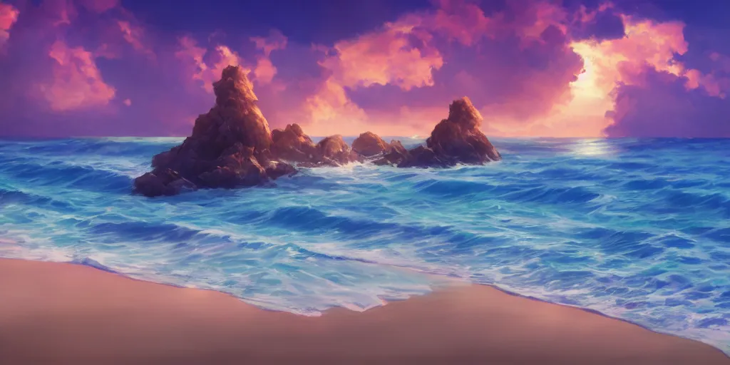 Prompt: a beach, cinematic angle, studio Ghibli, volumetric lighting, breathtaking, beautiful composition, intricate, elegant, digital art, detailed, oil painting, hyperrealistic, sharp focus, 8k