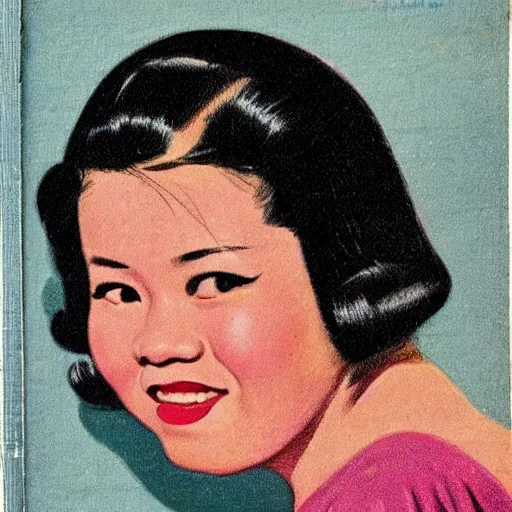 Image similar to Kelly Marie Tran portrait, color vintage magazine illustration 1950