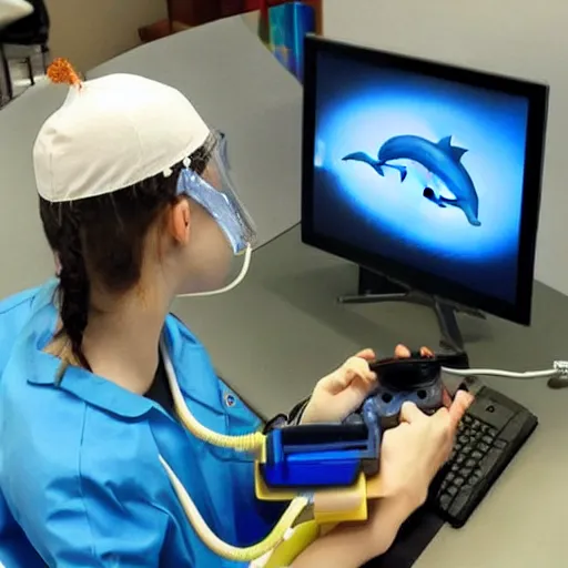 Image similar to A dolphin wearing a chemist outfit playing games on a computer